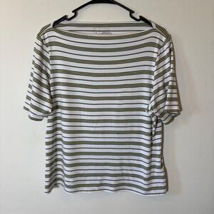 Joie Striped Boat Neck Tee Top White‎ Olive Green XL/TG Short Sleeve